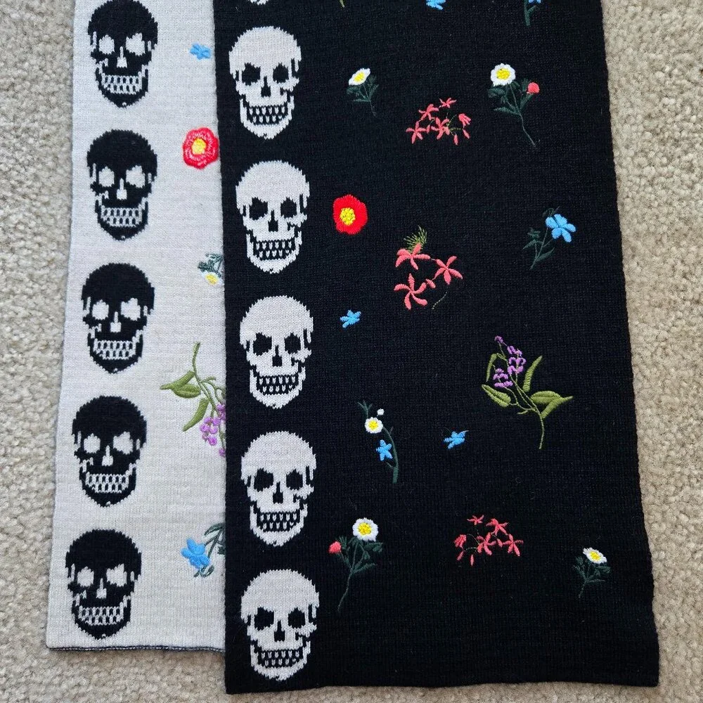 Skull Cashmere Embroidered Wool/Cashmere Scarf Skulls and Flowers